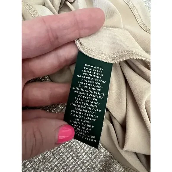 LAUREN RALPH LAUREN Plus Metallic Champagne Faux Wrap Cowl Neck Sheath Dress 16 - Picture 10 of 12